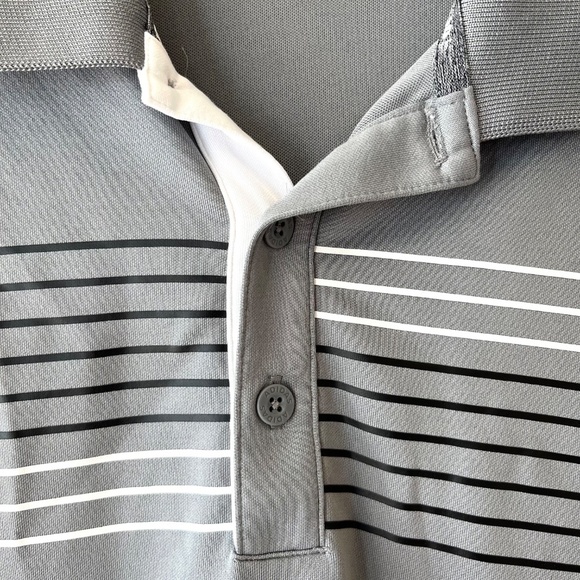 Adidas XL Golf Gray Chest Print Polo Shirt Stretch Stripe Relaxed Fit - Picture 9 of 9